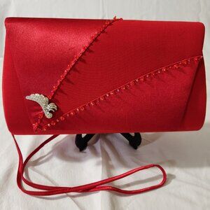 Milano Paris New York Ladies Red Satin Beaded Clutch Shoulder Bag Evening City